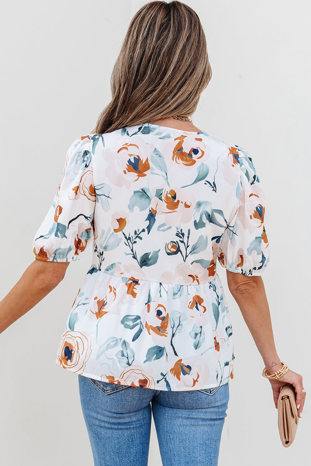 Green Floral Print Puff Sleeve V Neck Babydoll Blouse eAura
