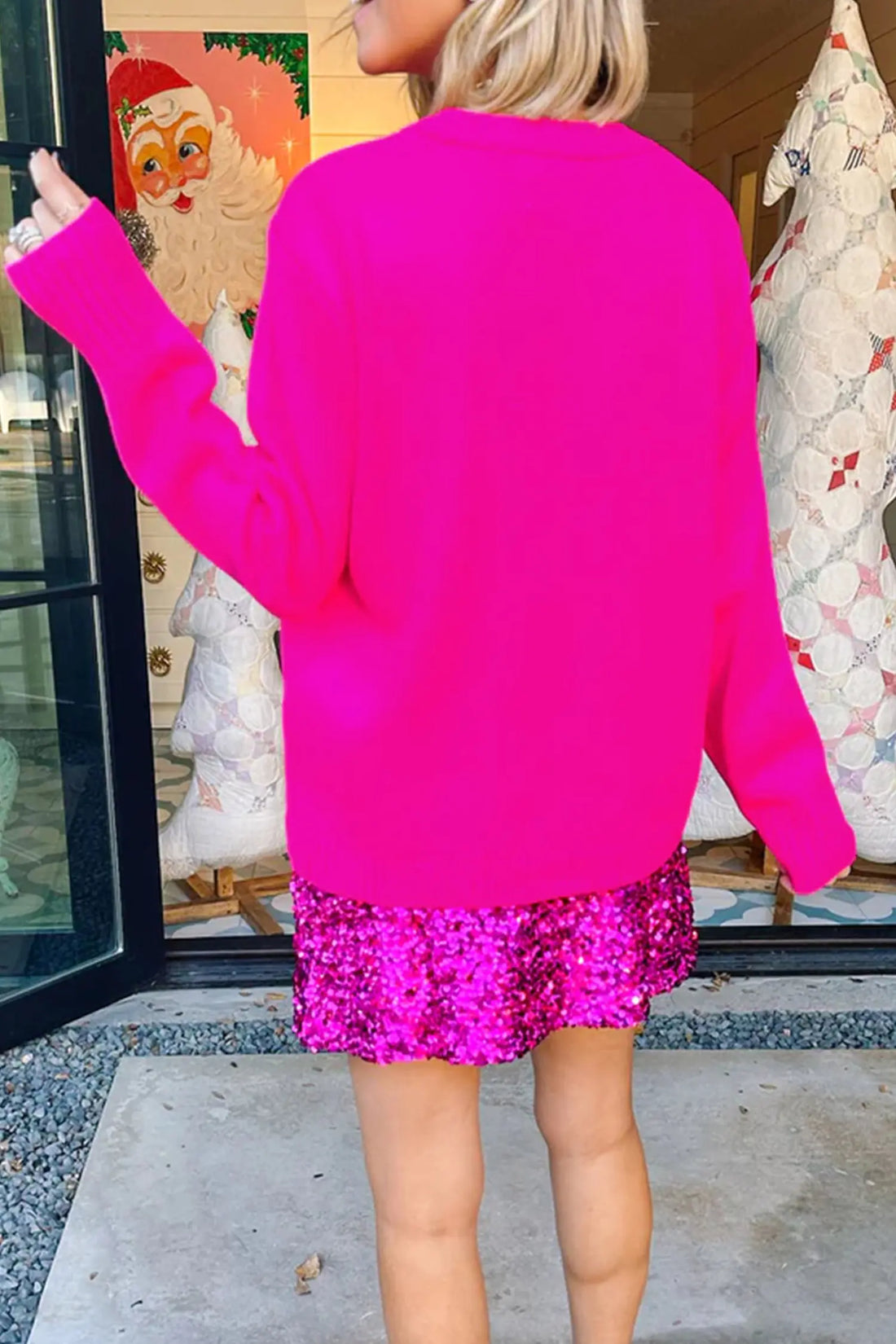 Merry Print Ribbed Trim Round Neck Loose Fit Sweater