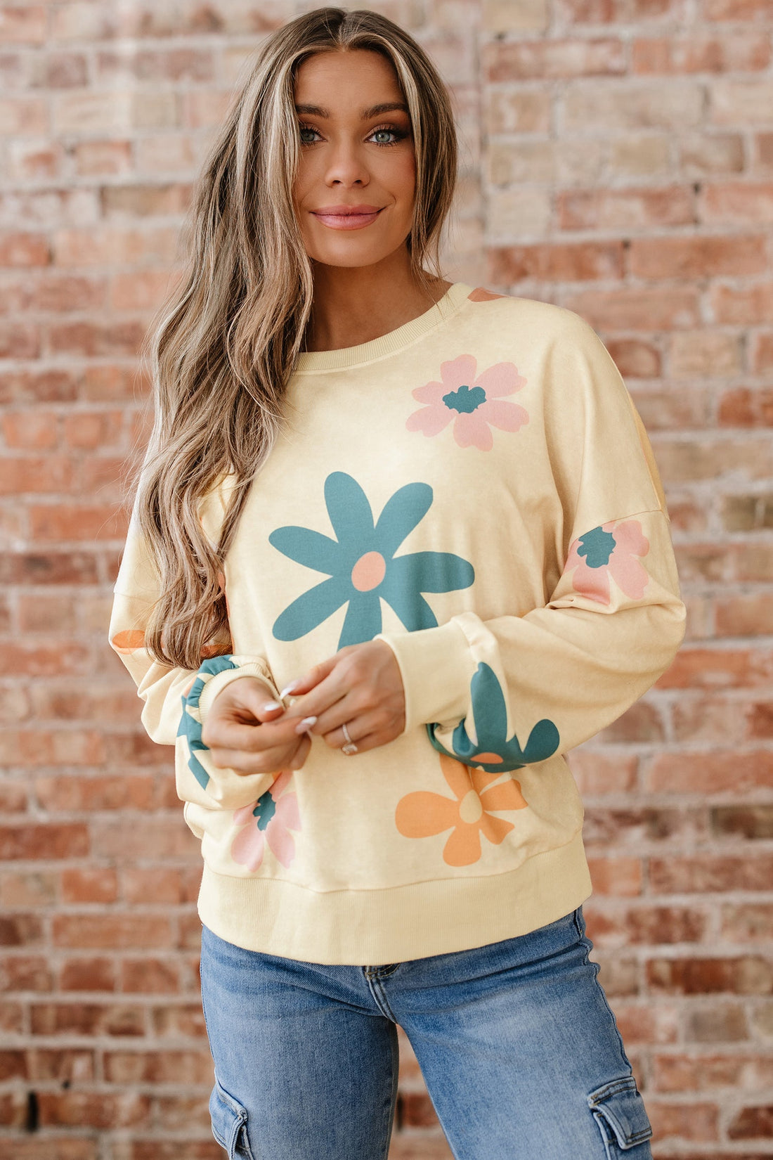 Mineral Washed French Terry Flower Print Sweatshirt - eAura