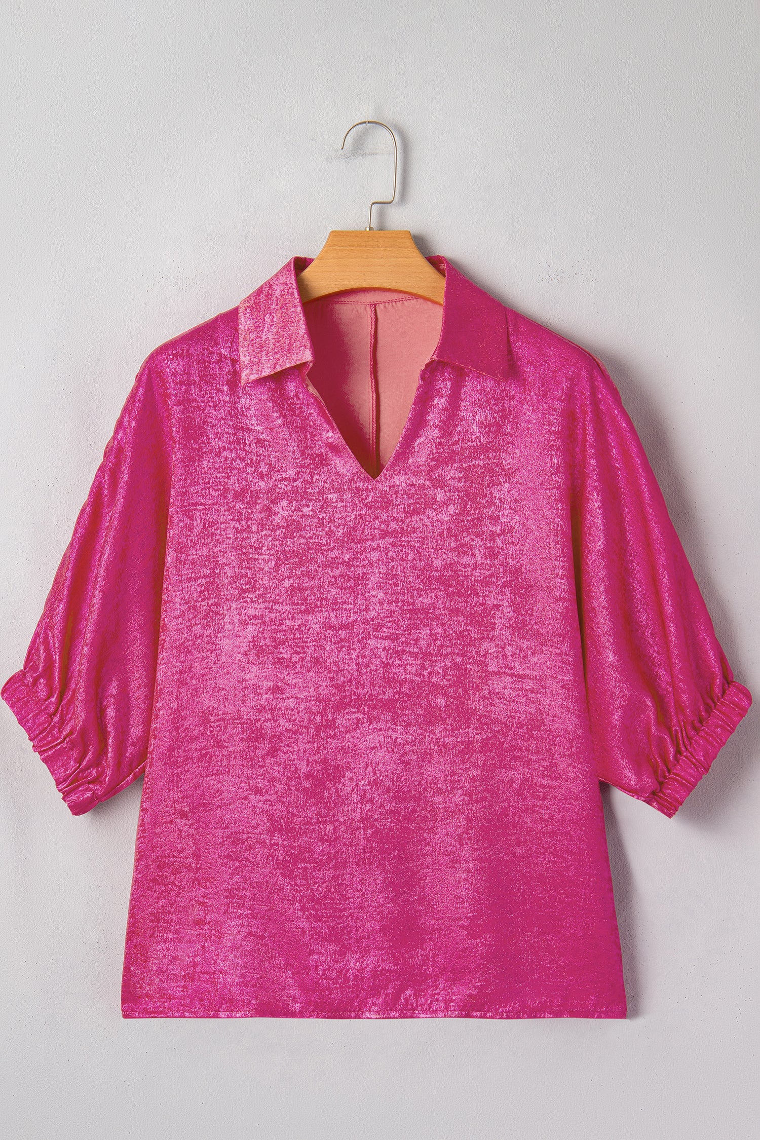 Collared V-Neck Half Sleeve Metallic Top
