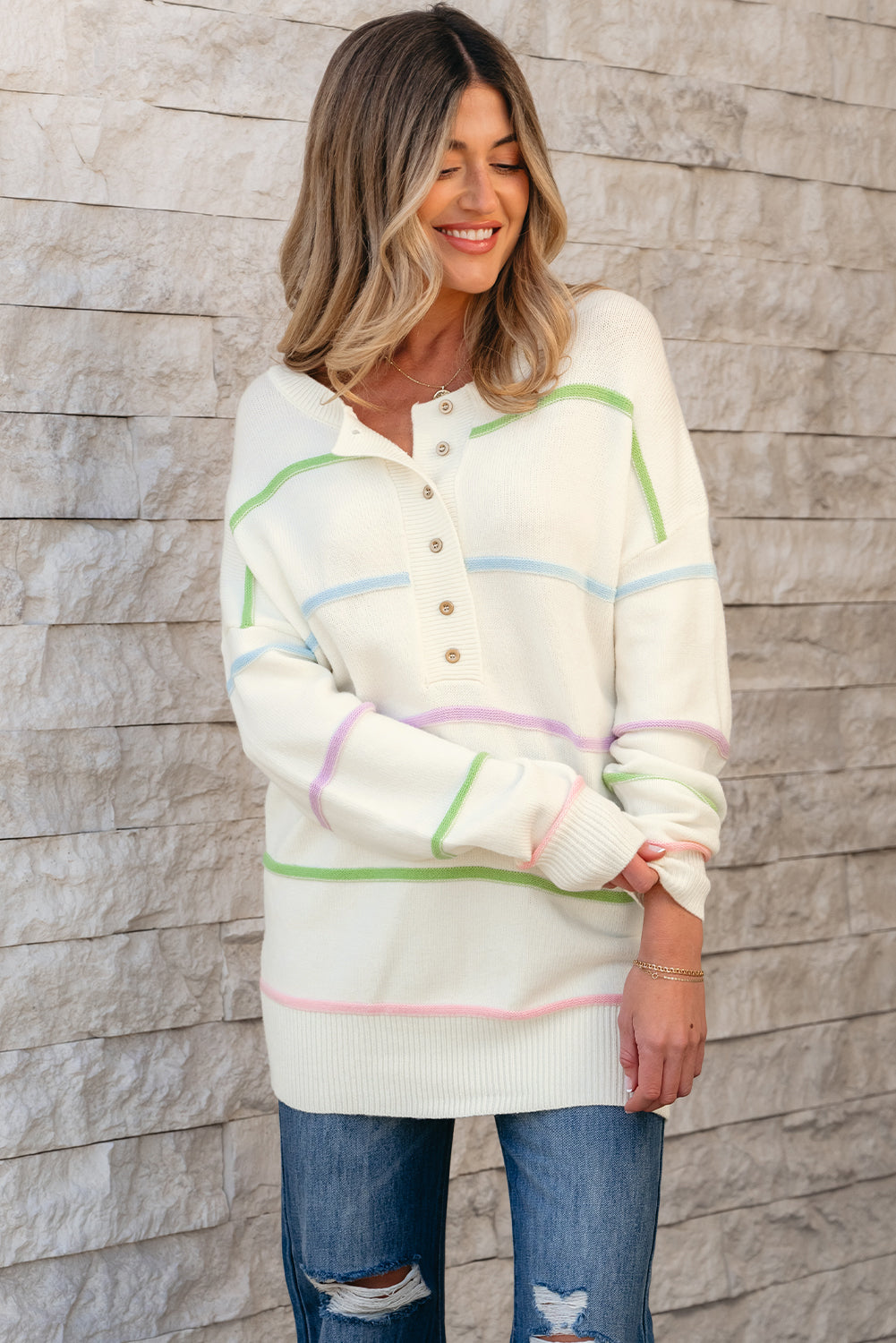 White Rainbow Stripes Drop Shoulder Baggy Henley Sweater eAura