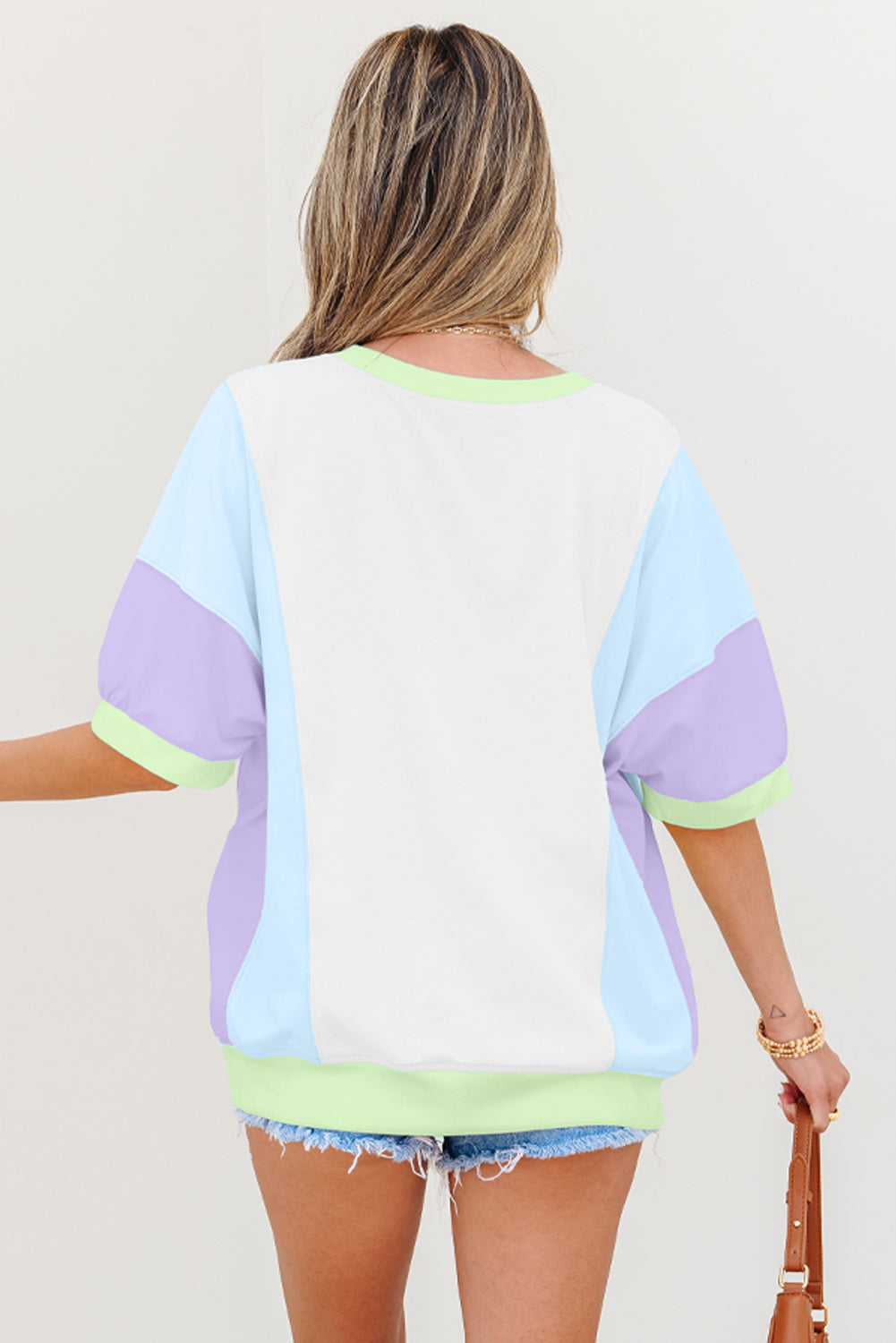 Purple Colour Block Patchwork Half Sleeve Oversized T Shirt eAura