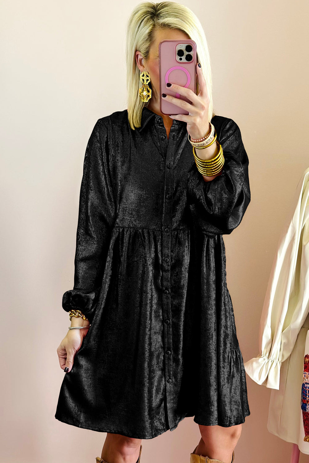 Peach Blossom Metallic Sheen Puff Sleeve Button Up Mini Shirt Dress eAura
