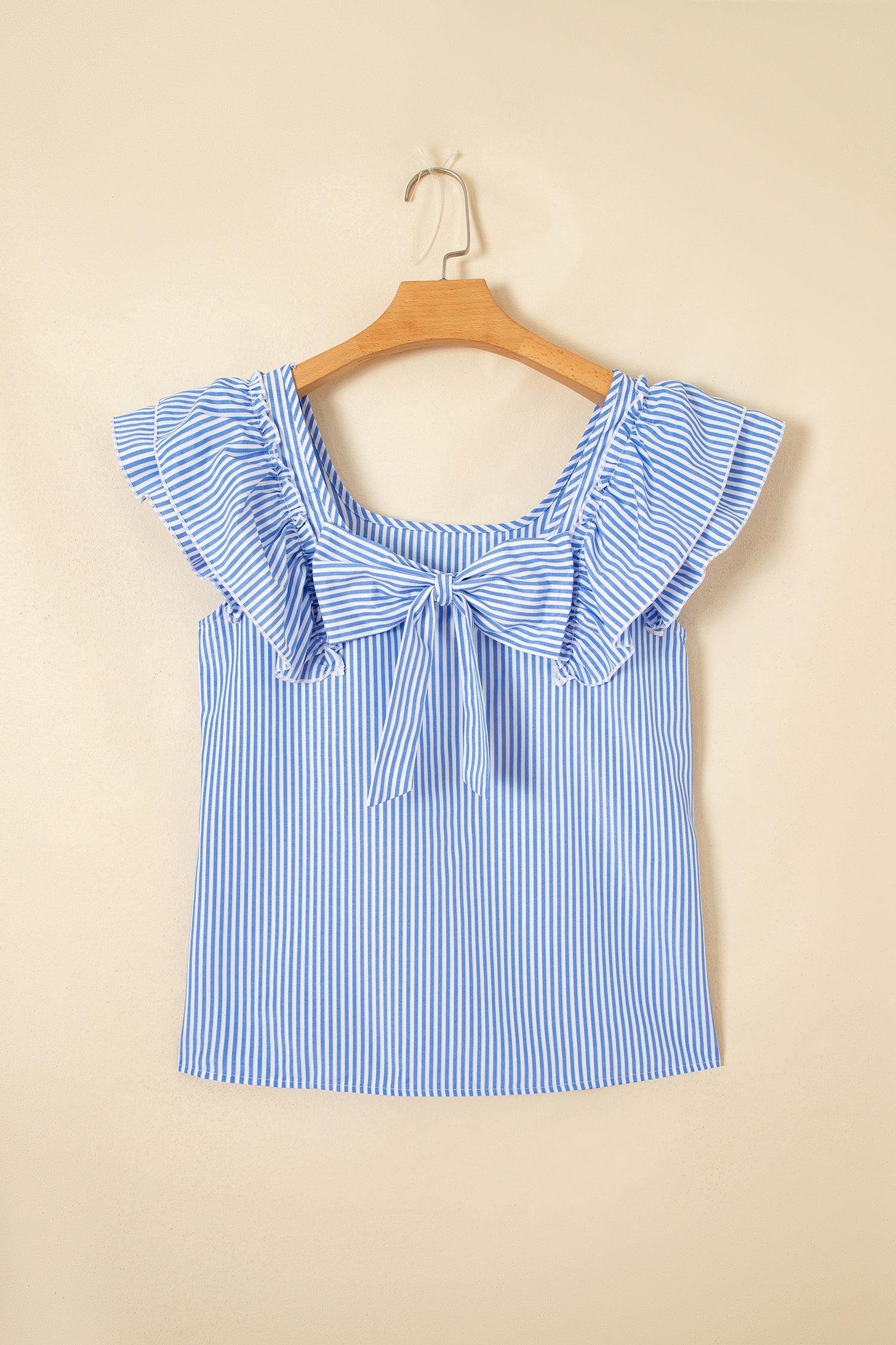 Square Neck Bow Back Ruffle Sleeve Blouse – Blue Stripe