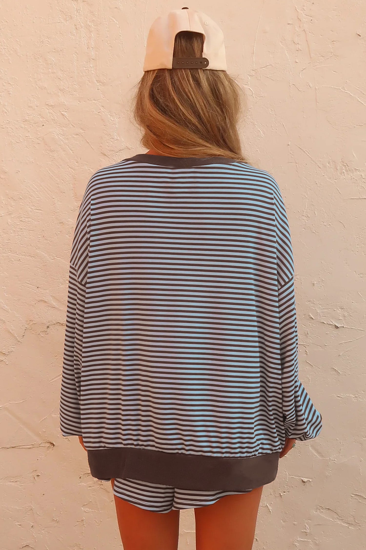 Oversized Long Sleeve Top Drawstring Loose Shorts 2pcs Set – Brown Stripe