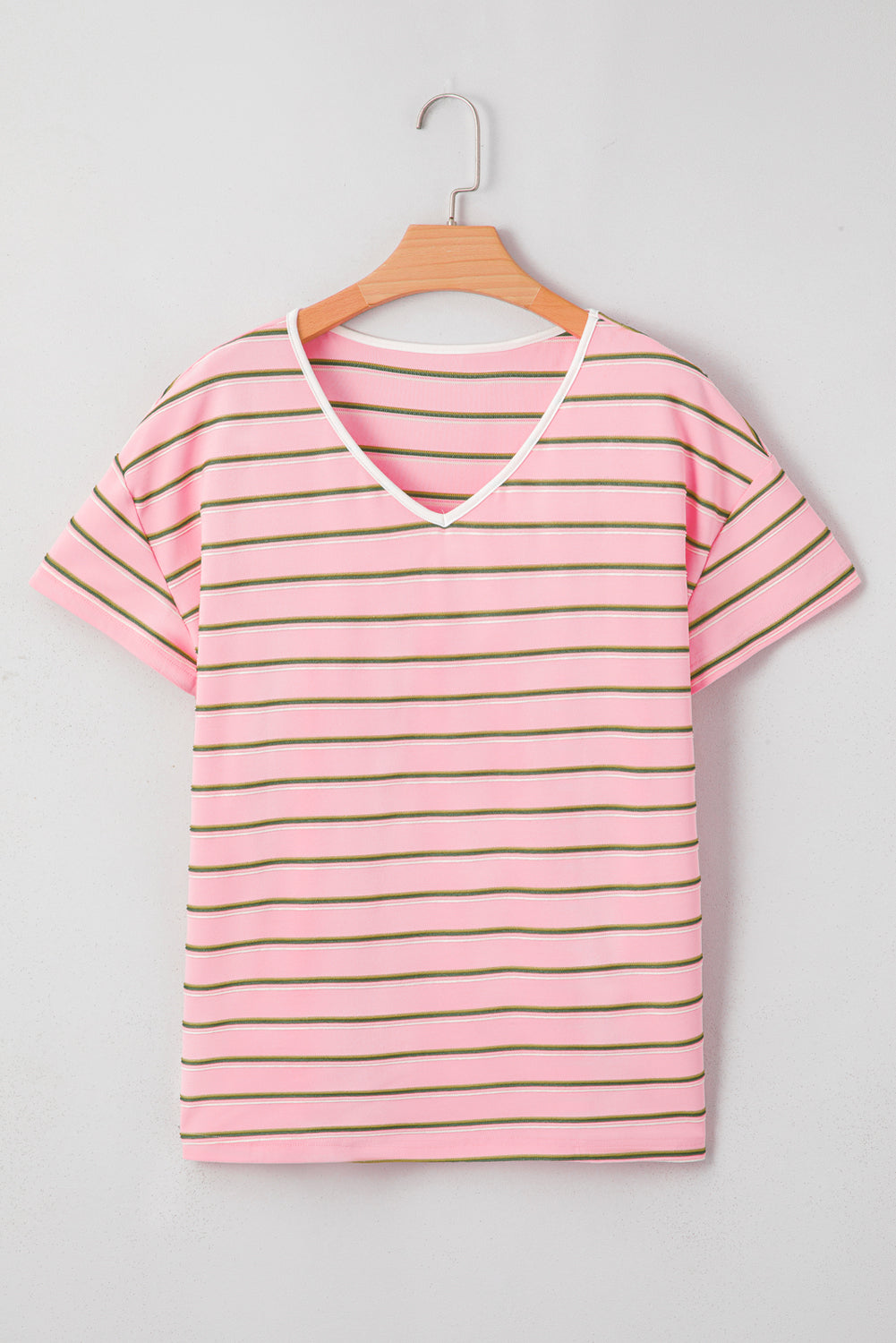 Pink Stripe V-Neck Slim Fit Casual T-Shirt eAura