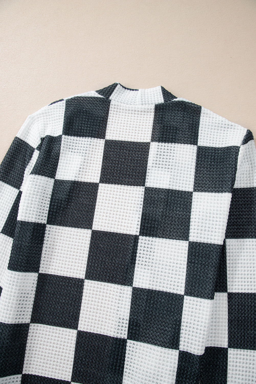Black Checkered Waffle Knit Thumbhole Open Front Cardigan eAura
