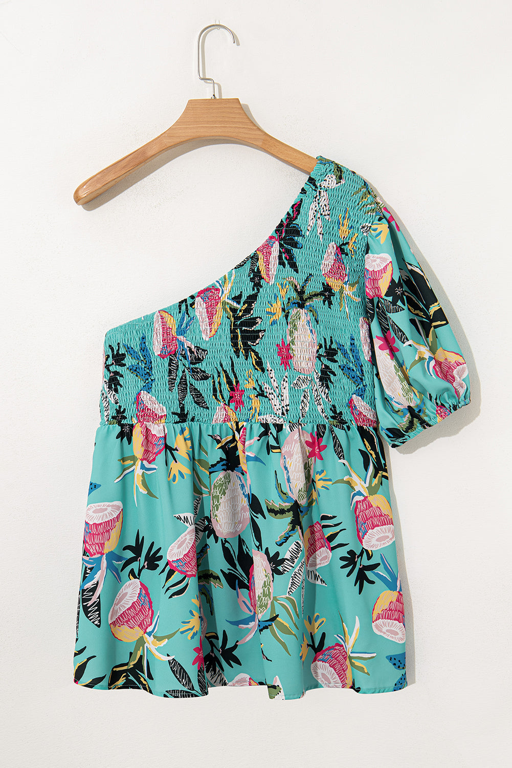 Green Plus Size Floral Smocked Bodice Single Puff Short Sleeve Babydoll Blouse BB Fashion Outlet