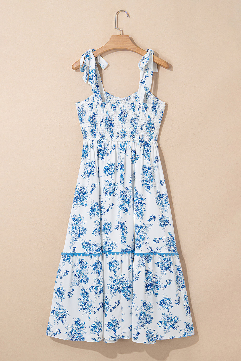 Sky Blue Floral Print Shirred Knot Shoulder Sleeveless Long Dress eAura