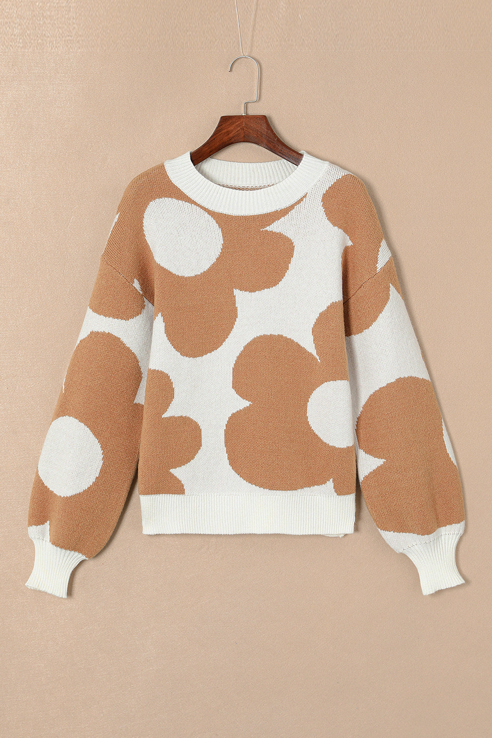Khaki Big Flower Pattern Drop Shoulder Sweater eAura