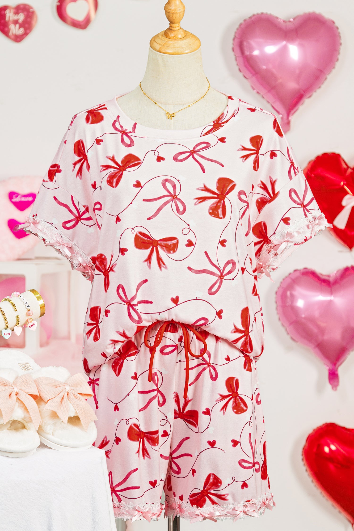 Romantic Bow Print Loose Tee Drawstring Shorts 2pcs Lounge Set – Red