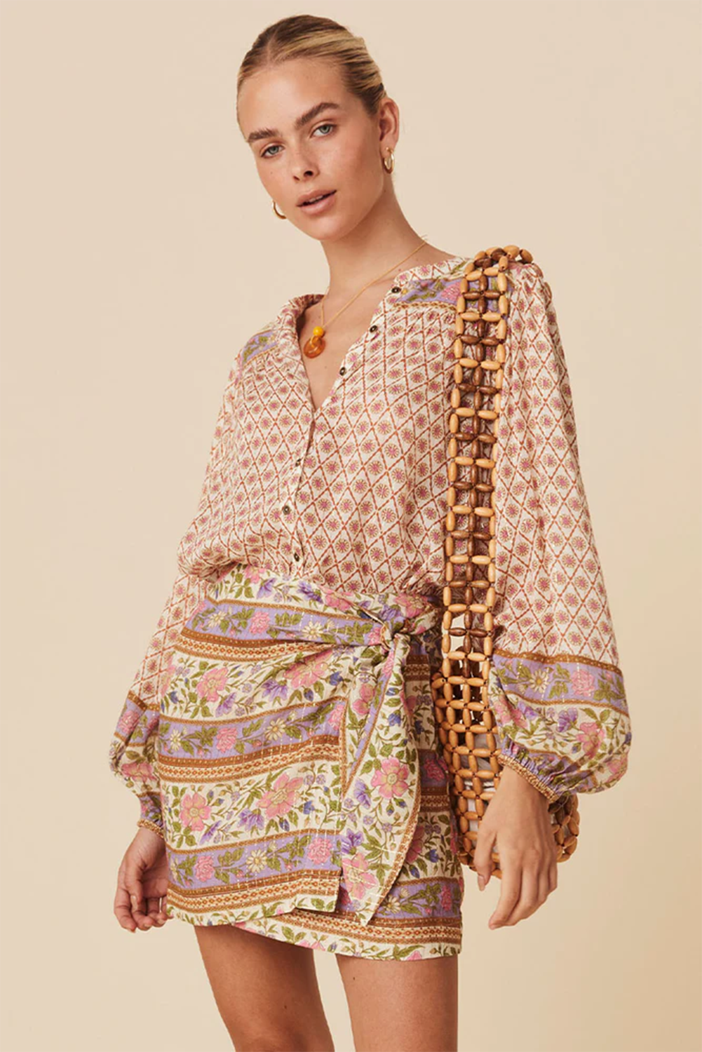 Multicolour Boho Floral Mixed Print Puff Sleeve Shirt eAura