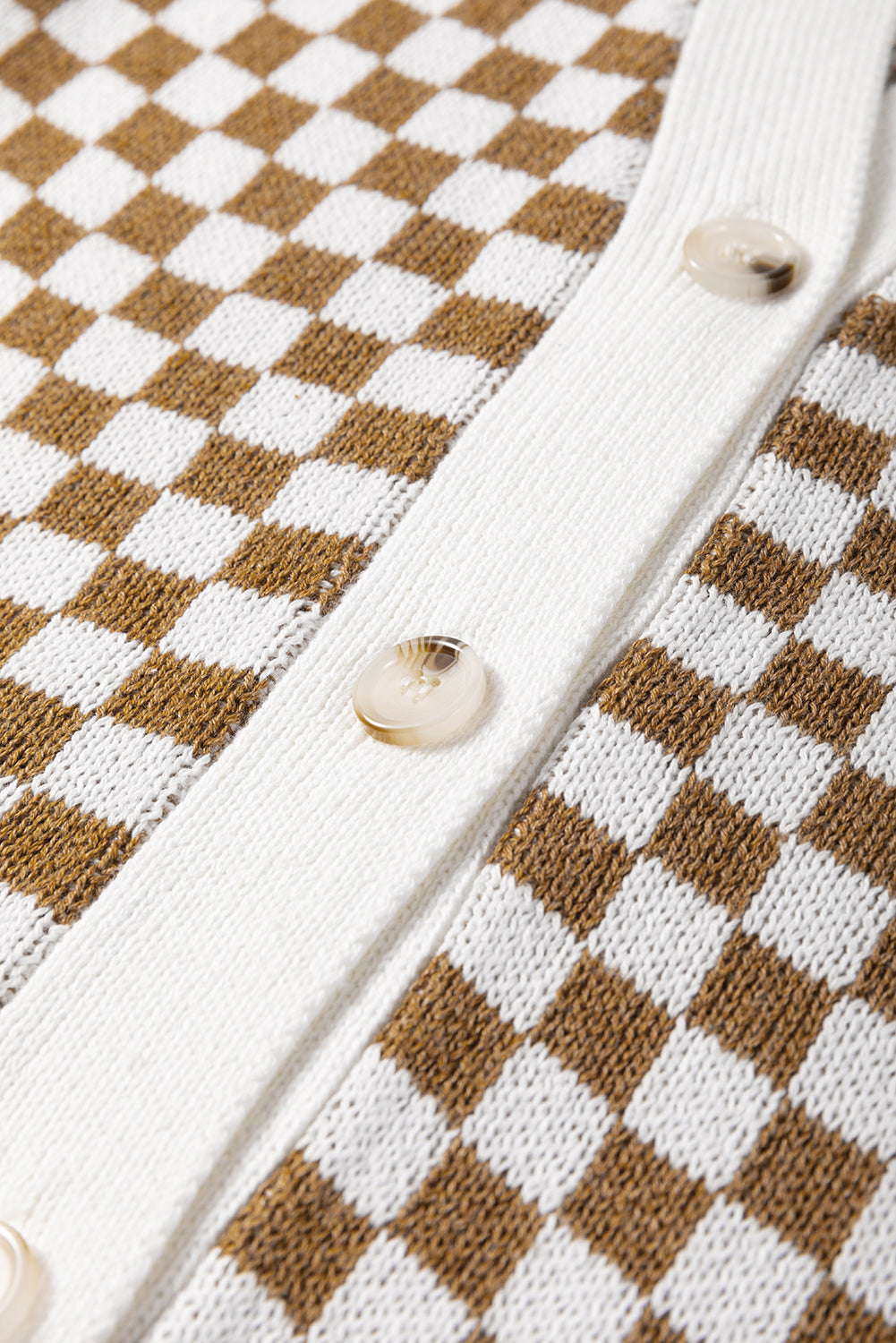 Brown Checkered Striped Patched Buttoned V Neck Cardigan eAura
