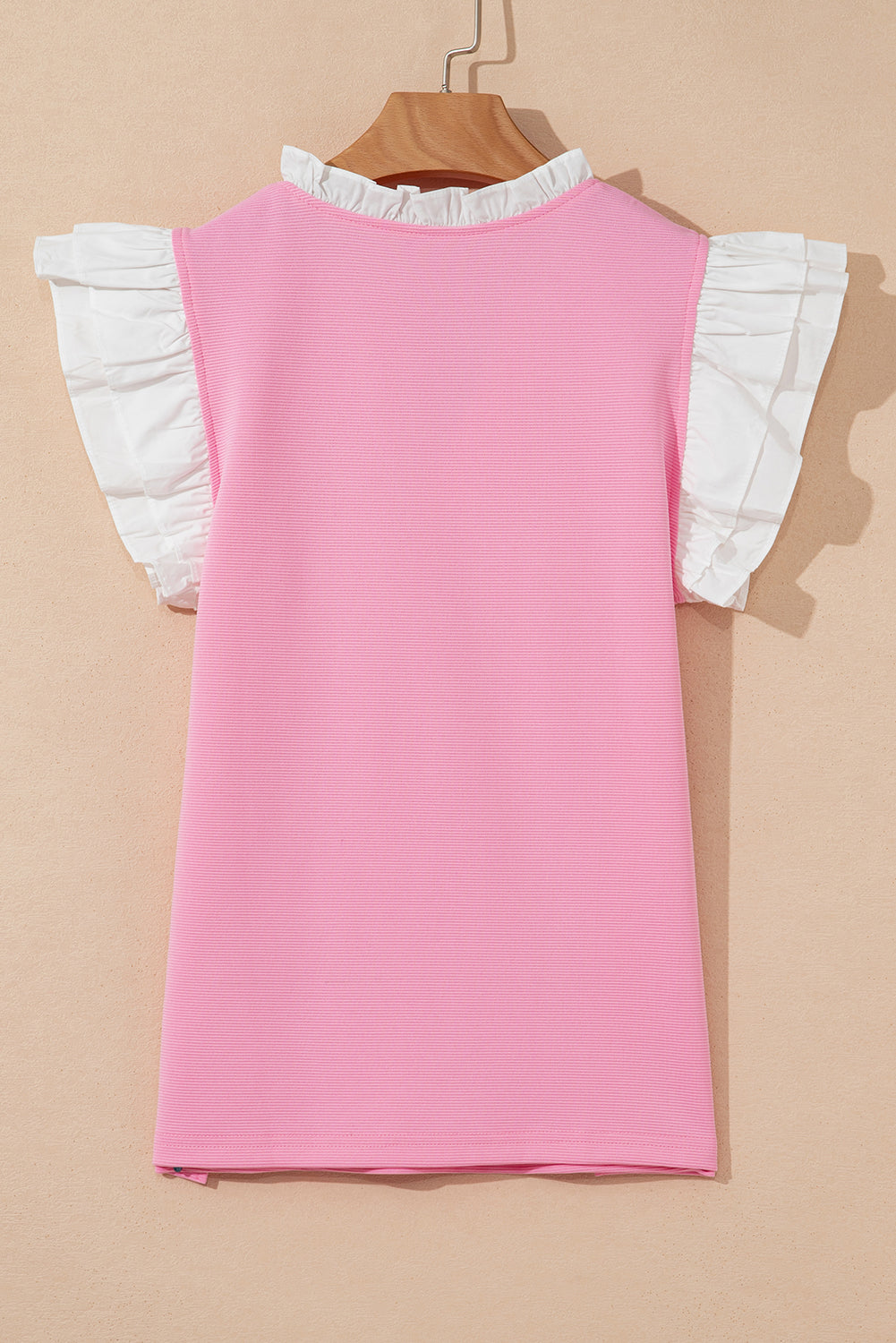 Pink Contrast V Neck Ruffled Textured Knit Top eAura