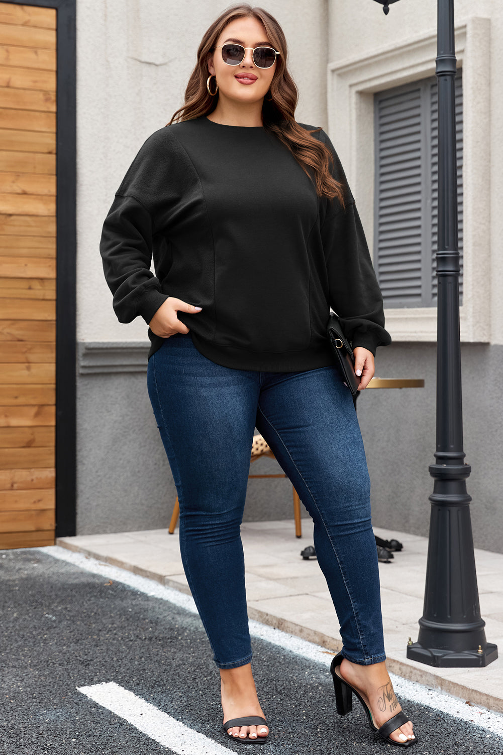 Black Loose Patchwork Crewneck Plus Size Sweatshirt BB Fashion Outlet