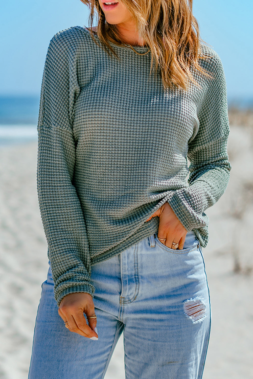 Fiery Red Waffle Knit Drop Shoulder Long Sleeve Top eAura