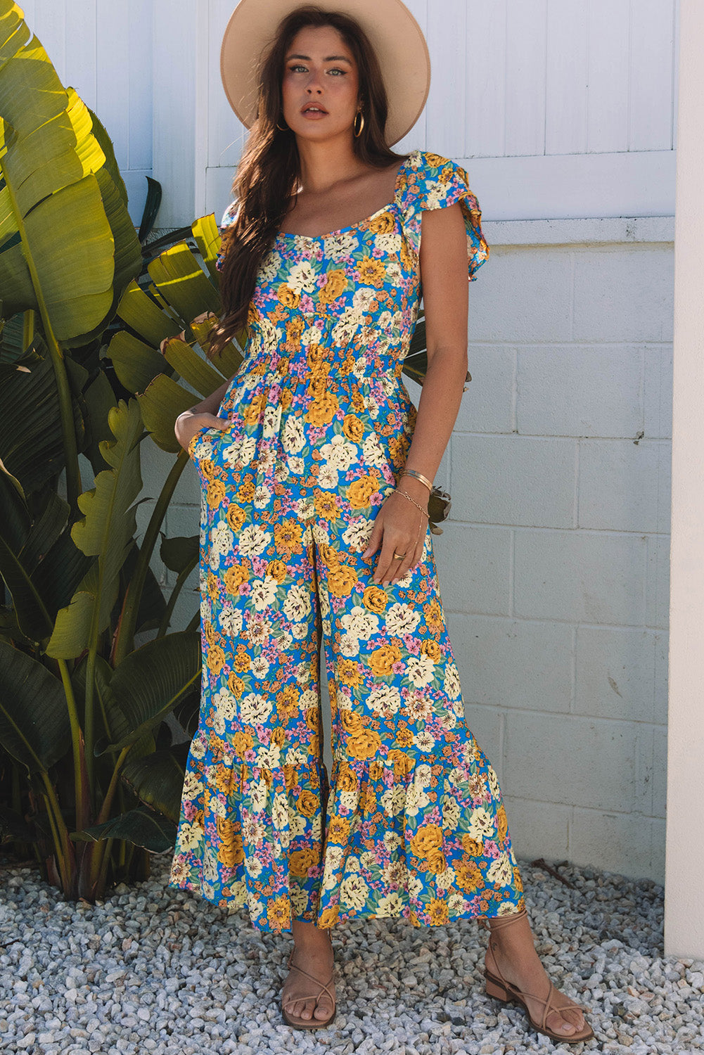 Yellow Floral Allover Print Shirred Cut Out High Waist Jumpsuit eAura