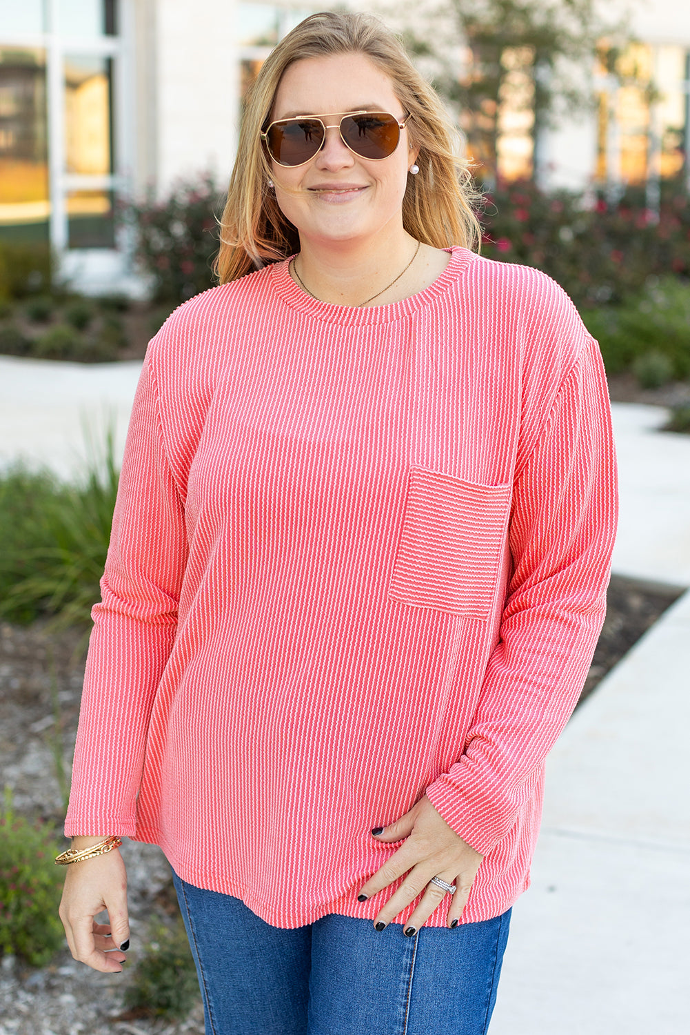 Peach Blossom Plus Size Ribbed Textured Long Sleeve T Shirt BB Fashion Outlet
