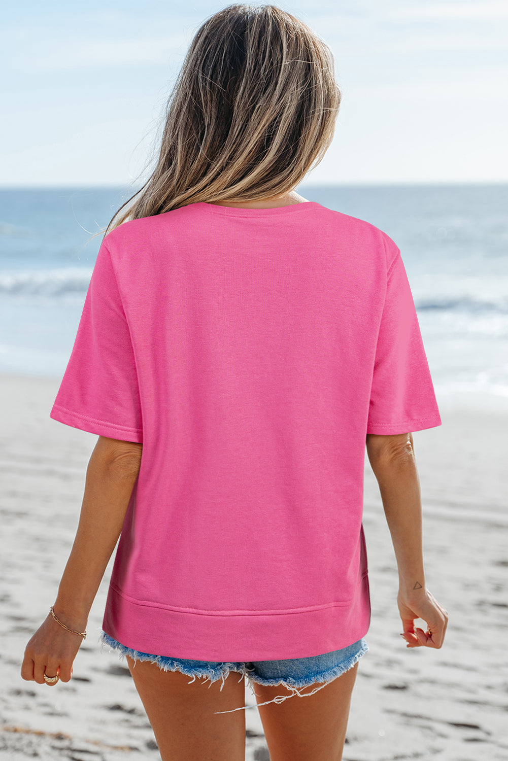 Strawberry Pink Contrasting Colour Ribbon Bow Front Patch Loose Tee with Slits eAura