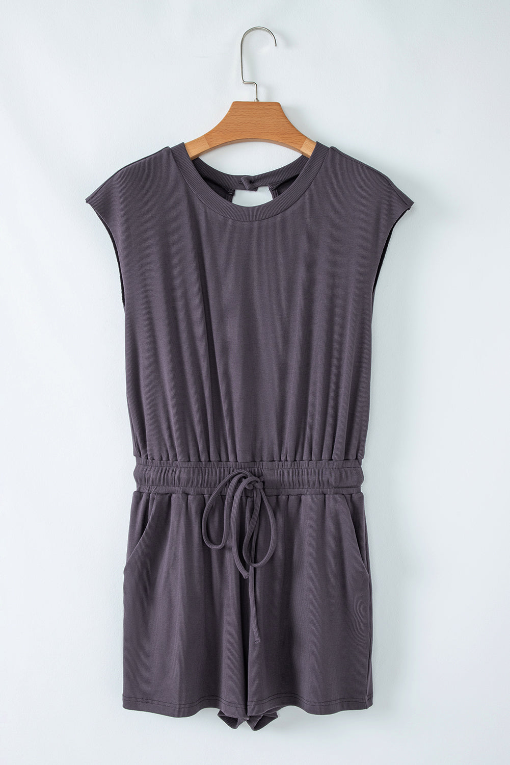 Bristol Black Knit Open Back Cap Sleeve Drawstring Romper eAura