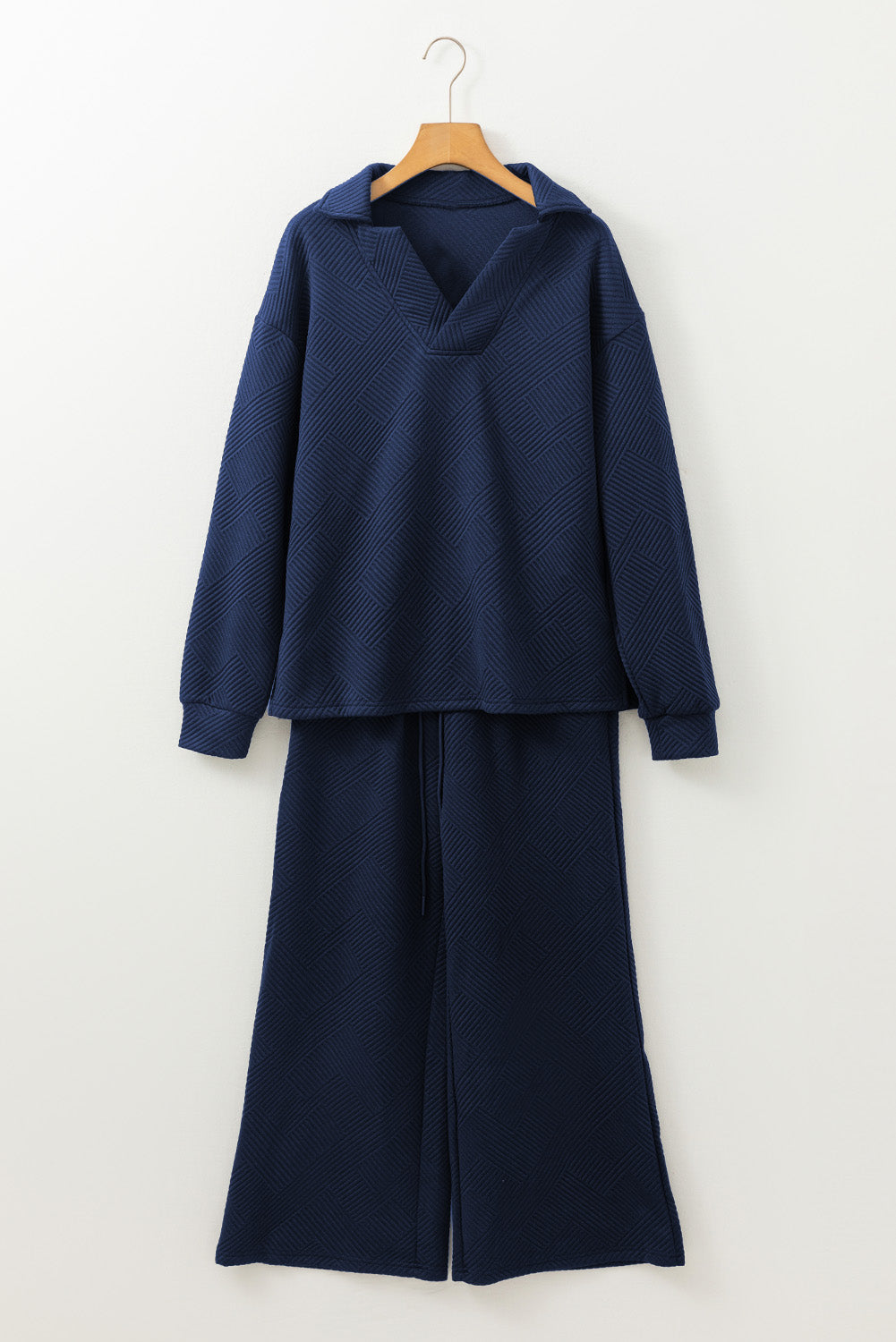 Textured Collared V-Neck Top and Wide Leg Trousers Co-ord Set eAura