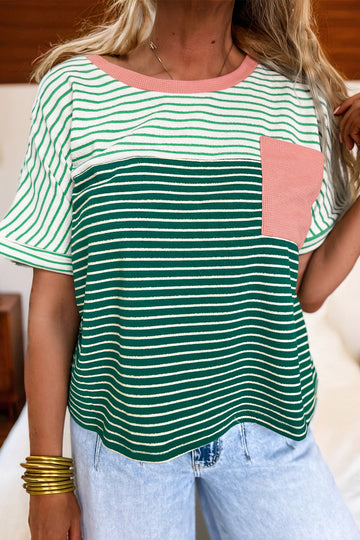 Contrast Print Color Block Detail Relaxed Tee – Green Stripe