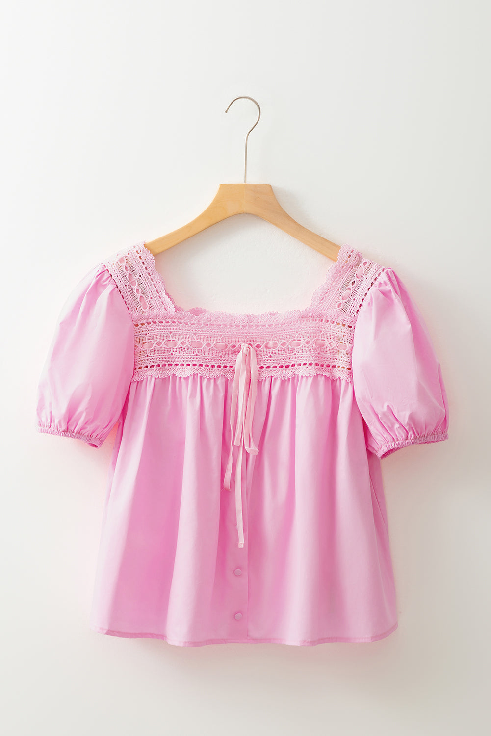 Light Pink Lace Square Neck Patchwork Puff Sleeve Blouse eAura