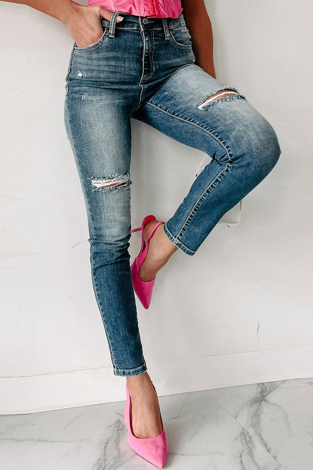 Blue Distressed Ripped Skinny Jeans Beagle Boutique Fashion Outlet