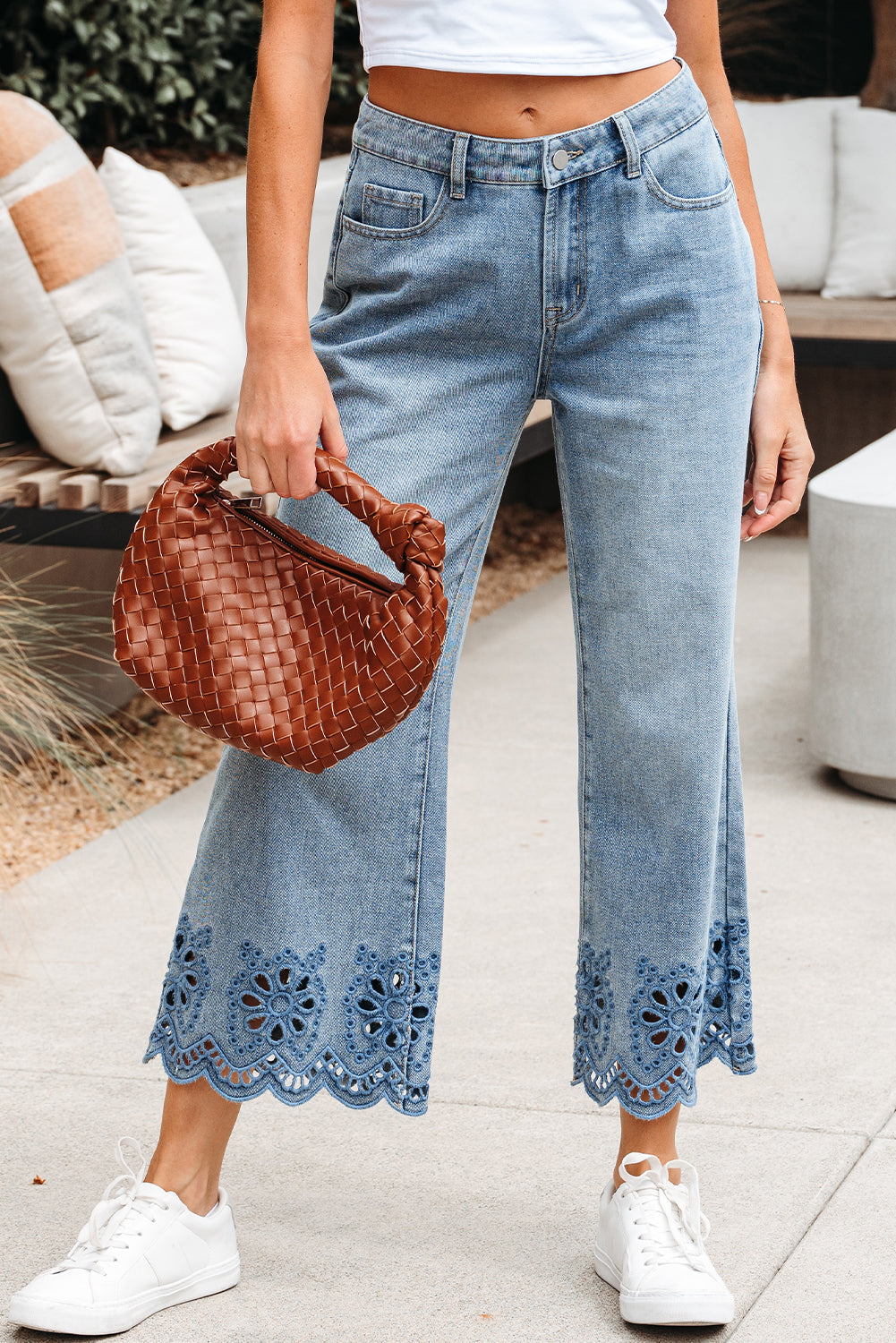 Embroidered Cropped Wide Leg High Waist Jeans - eAura
