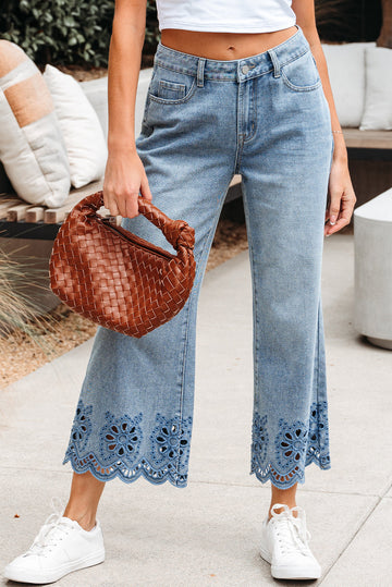 Embroidered Cropped Wide Leg High Waist Jeans - eAura