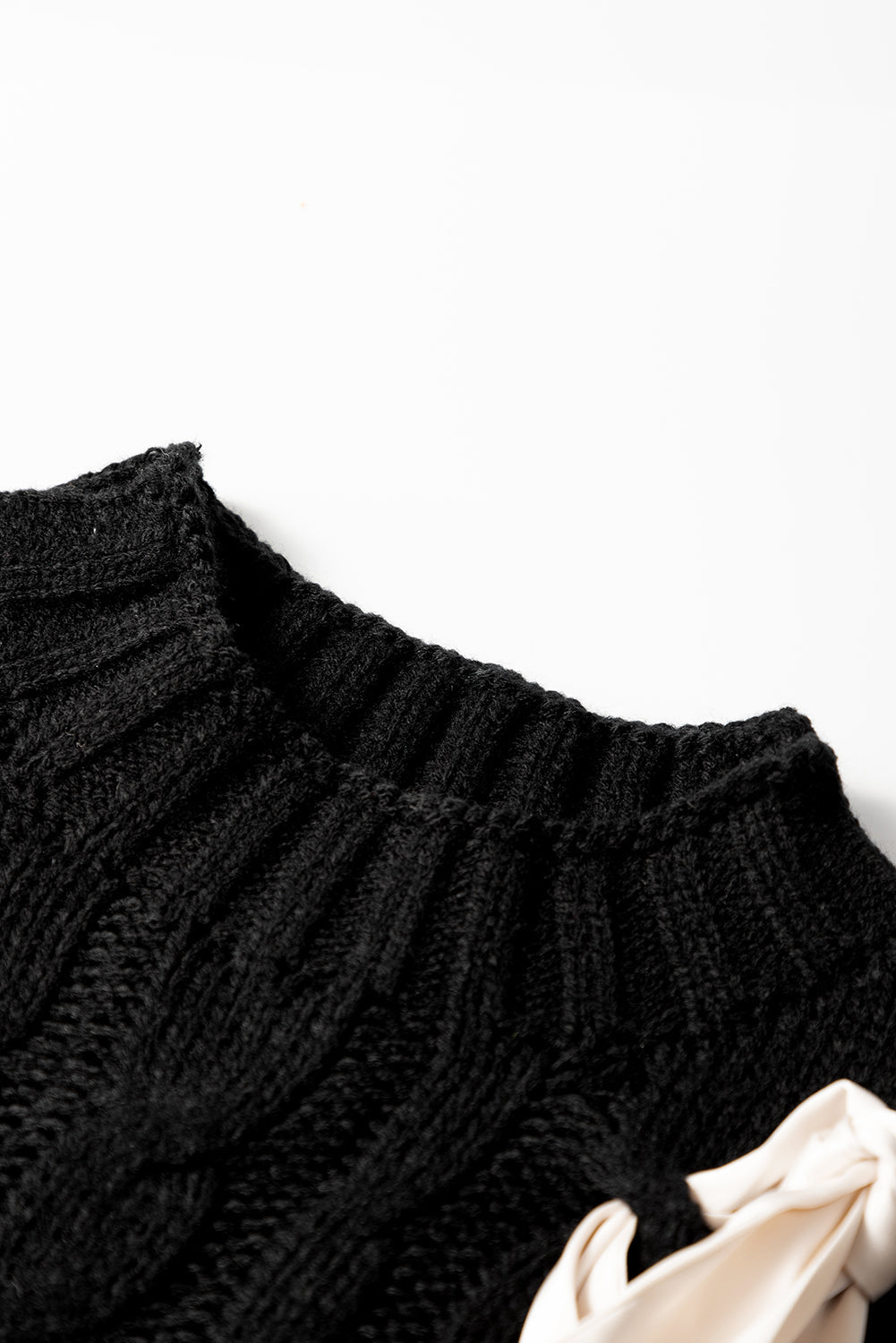 Black Cable Knit Colourblock Satin Bowknot Short Sleeve Sweater eAura