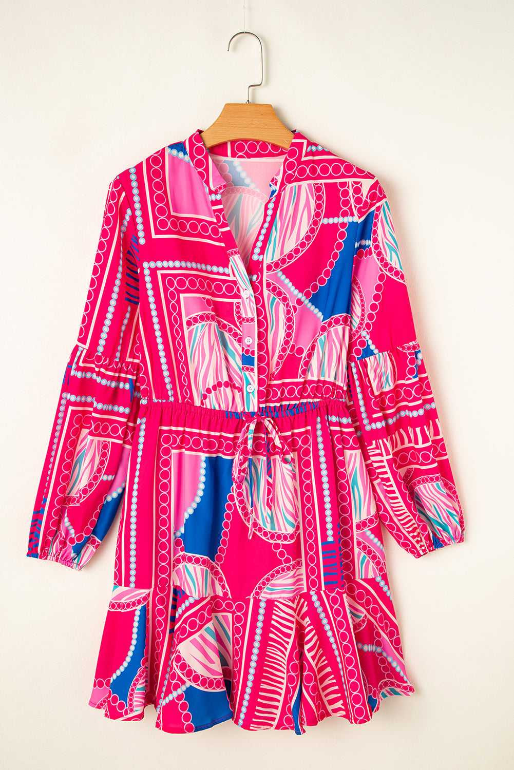 Rose Boho Abstract Printed Puff Sleeve Drawstring Waist Ruffled Mini Dress Beagle Boutique Fashion Outlet