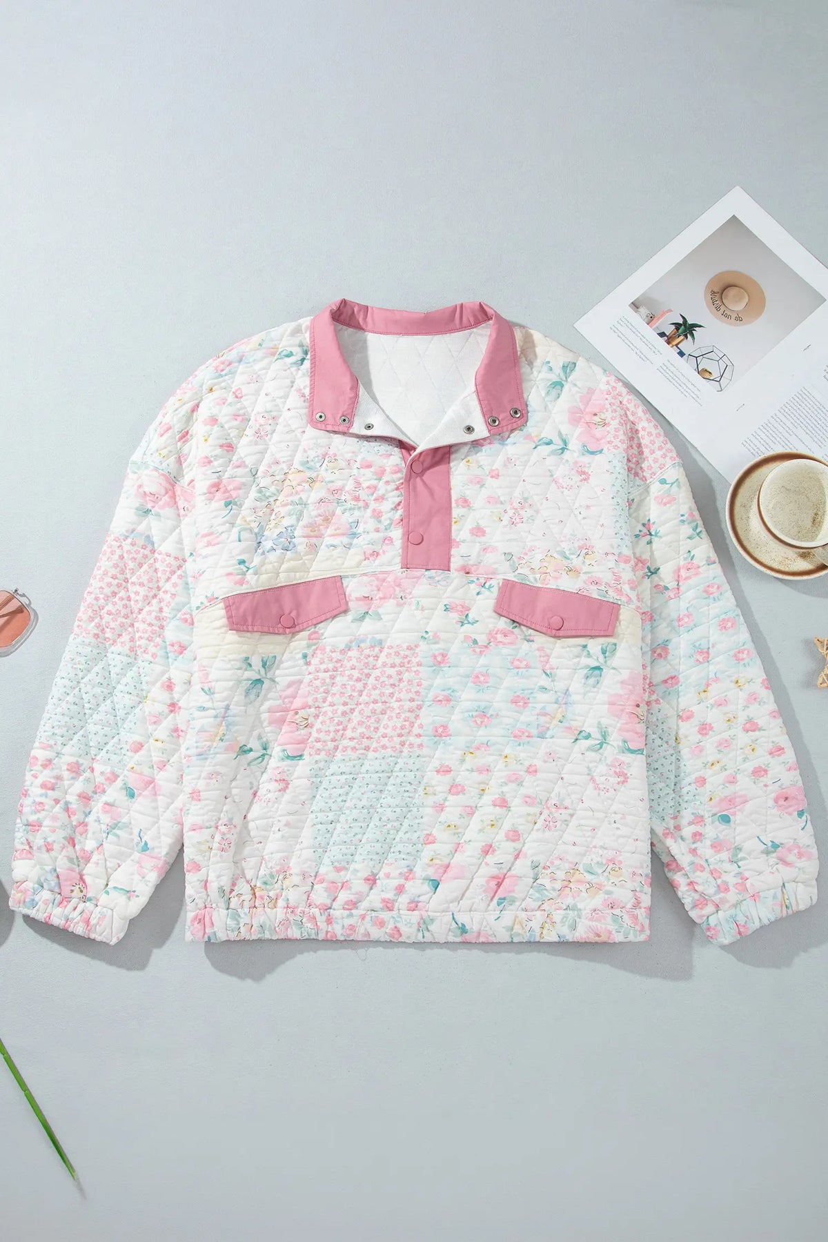 Floral Quilted V-Neck Plus Size Fake Pocket Sweatshirt – Pink