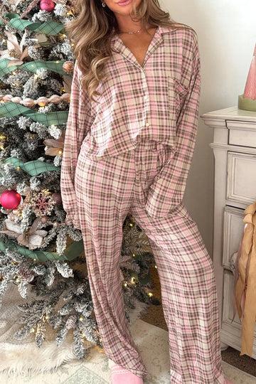 Plaid Patch Pockets Long Sleeve Pyjamas Lounge Set – Pink