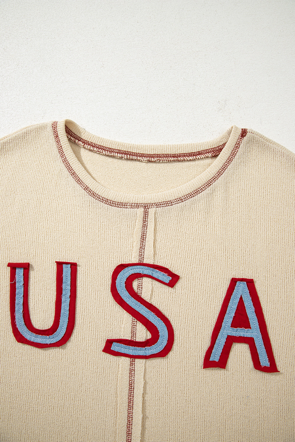 Beige USA Star Contrast Patchwork Exposed Seam Long Sleeve Top - eAura