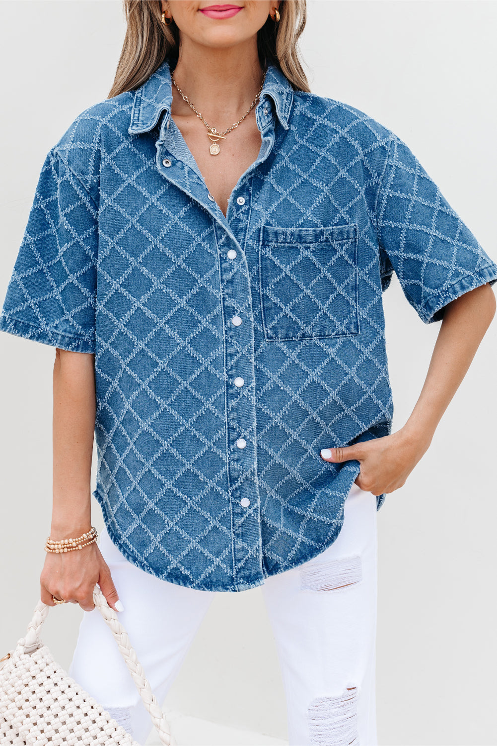 Dusk Blue Checkered Textured Short Sleeve Patched Pocket Denim Shirt eAura
