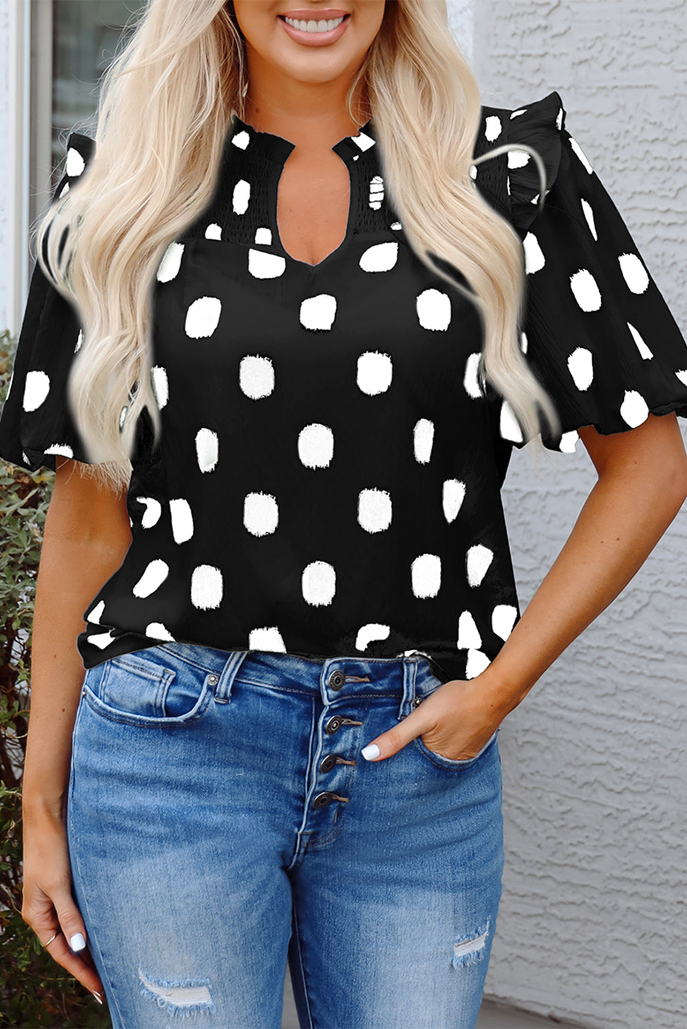 Black Polka Dot Print Shirred Yoke Notched Neck Balloon Sleeve Blouse eAura
