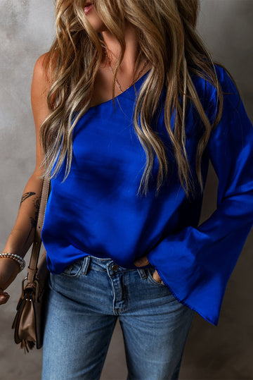 Dark Blue Asymmetric One Shoulder Bell Sleeve Satin Blouse - eAura