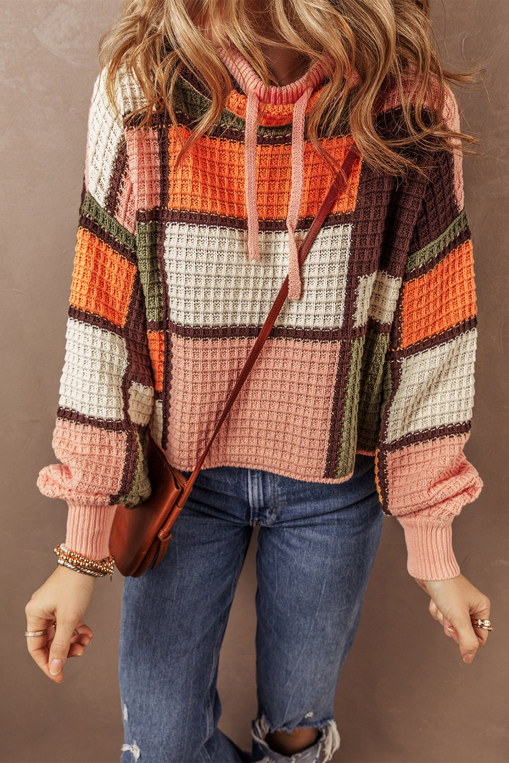 Orange Colour Block Waffle Knit Drawstring Mock Neck Sweater eAura