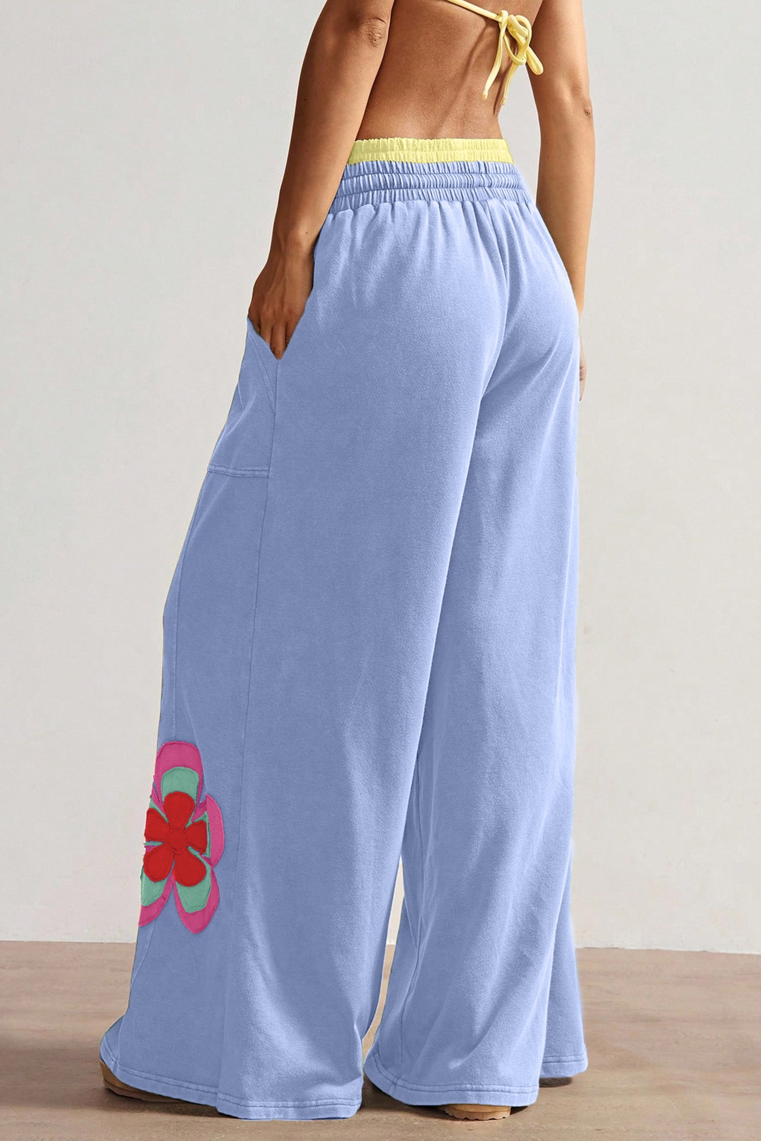 Sky Blue Color Block Flower Patchwork Drawstring Wide Leg Pants