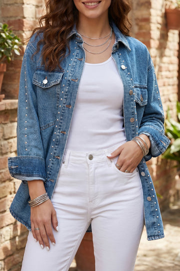 Rivet Embellished Western Style Regular Fit Long Sleeve Denim Jacket – Sail Blue
