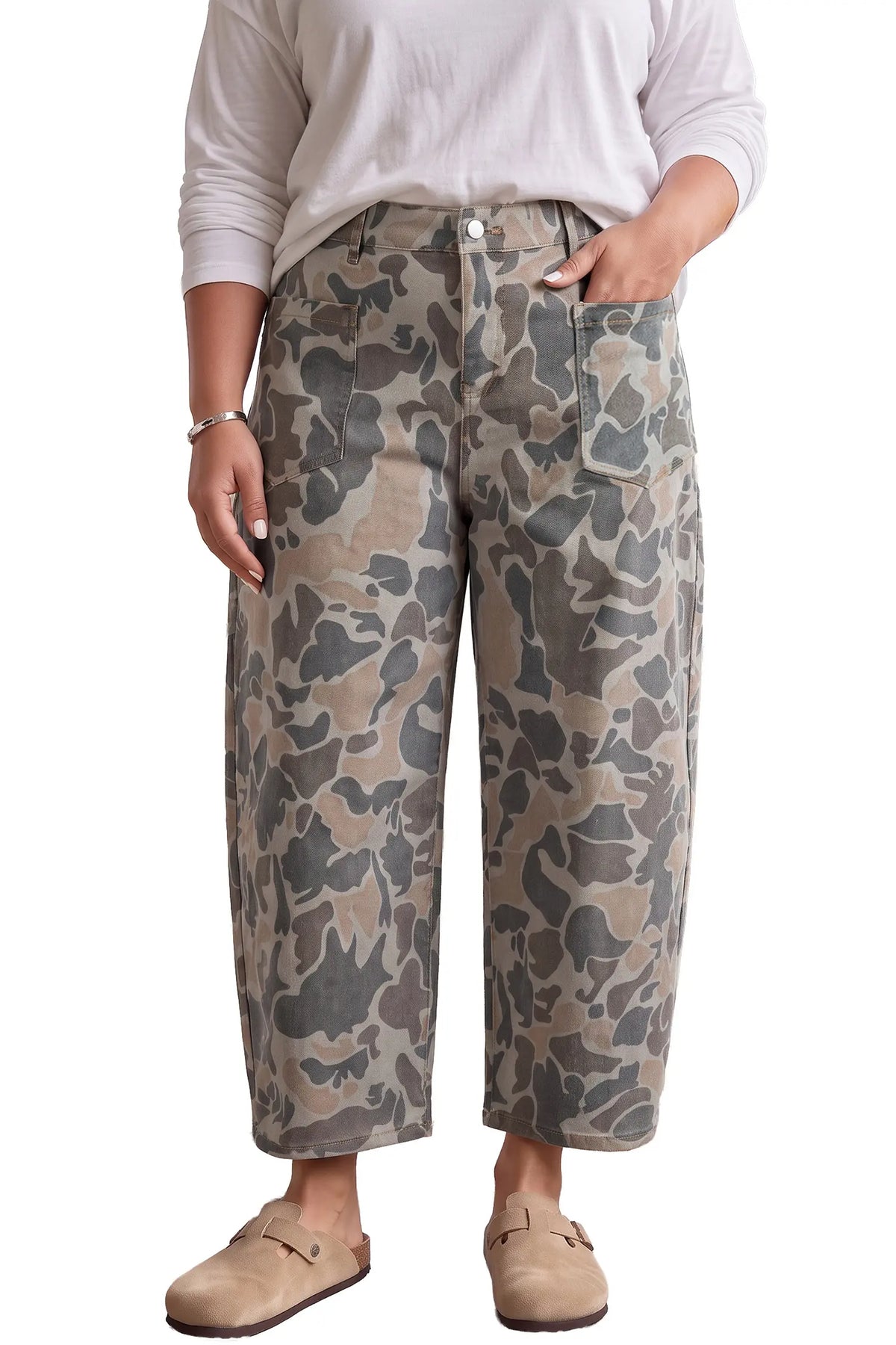 Multicolour Plus Size Camouflage Print High Rise Barrel Jeans