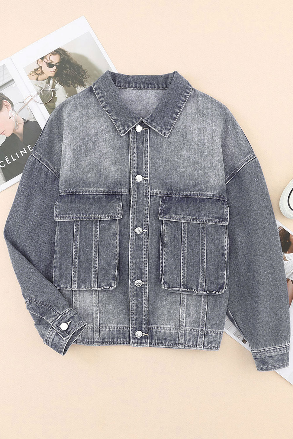 Grey Chest Pockets Drop Shoulder Loose Denim Jacket Beagle Boutique Fashion Outlet