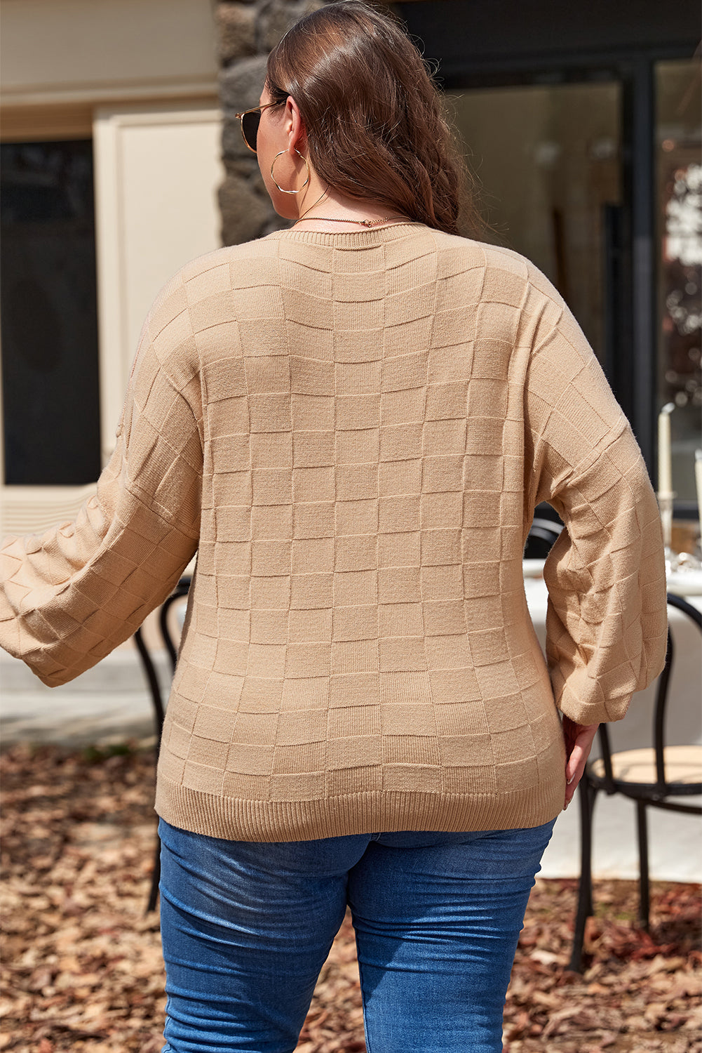 Light French Beige Solid Checkered Textured Knit Plus Size Sweater Beagle Boutique Fashion Outlet