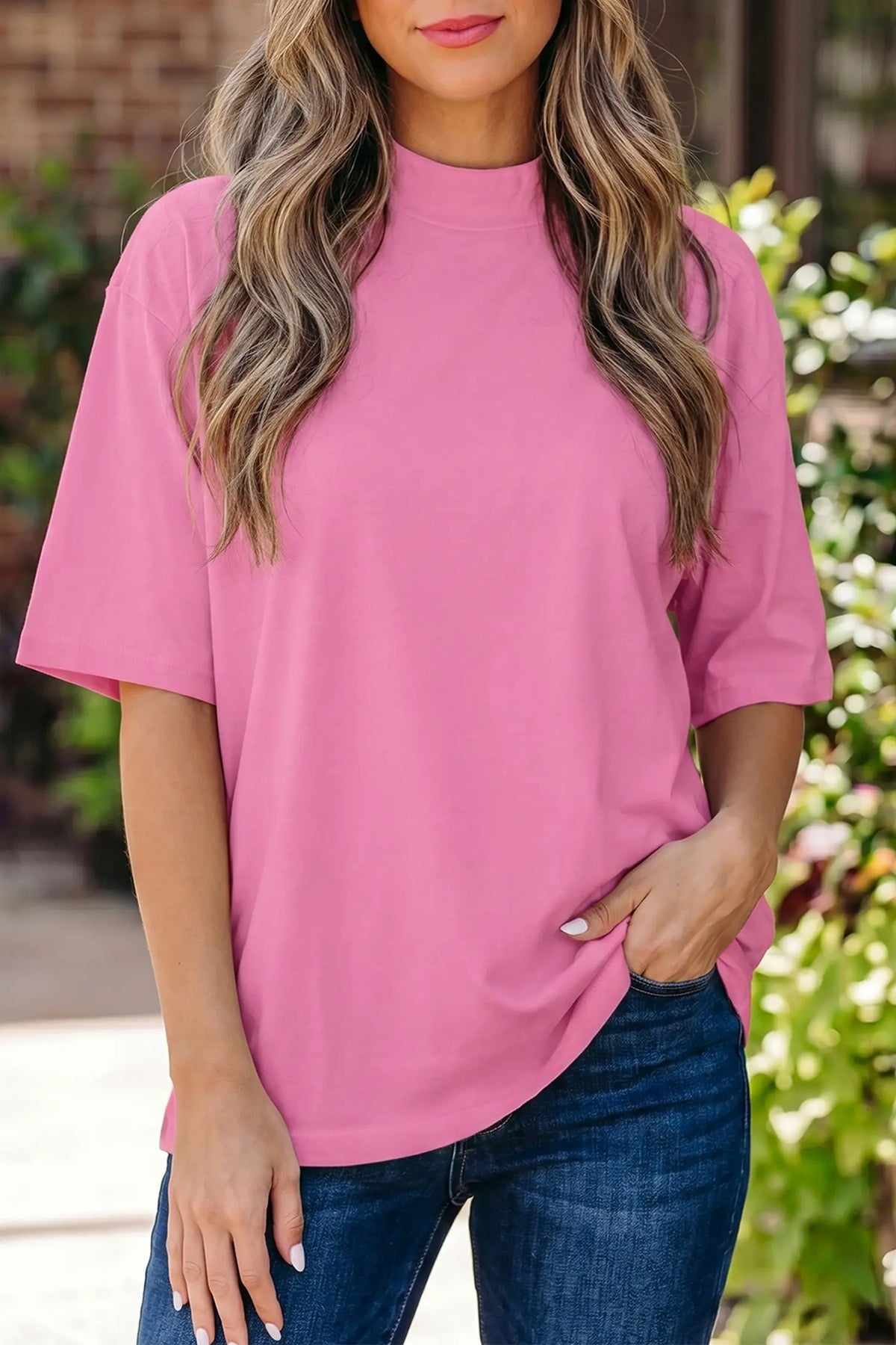 Solid Colour High Neck Oversize Tee – Wisteria