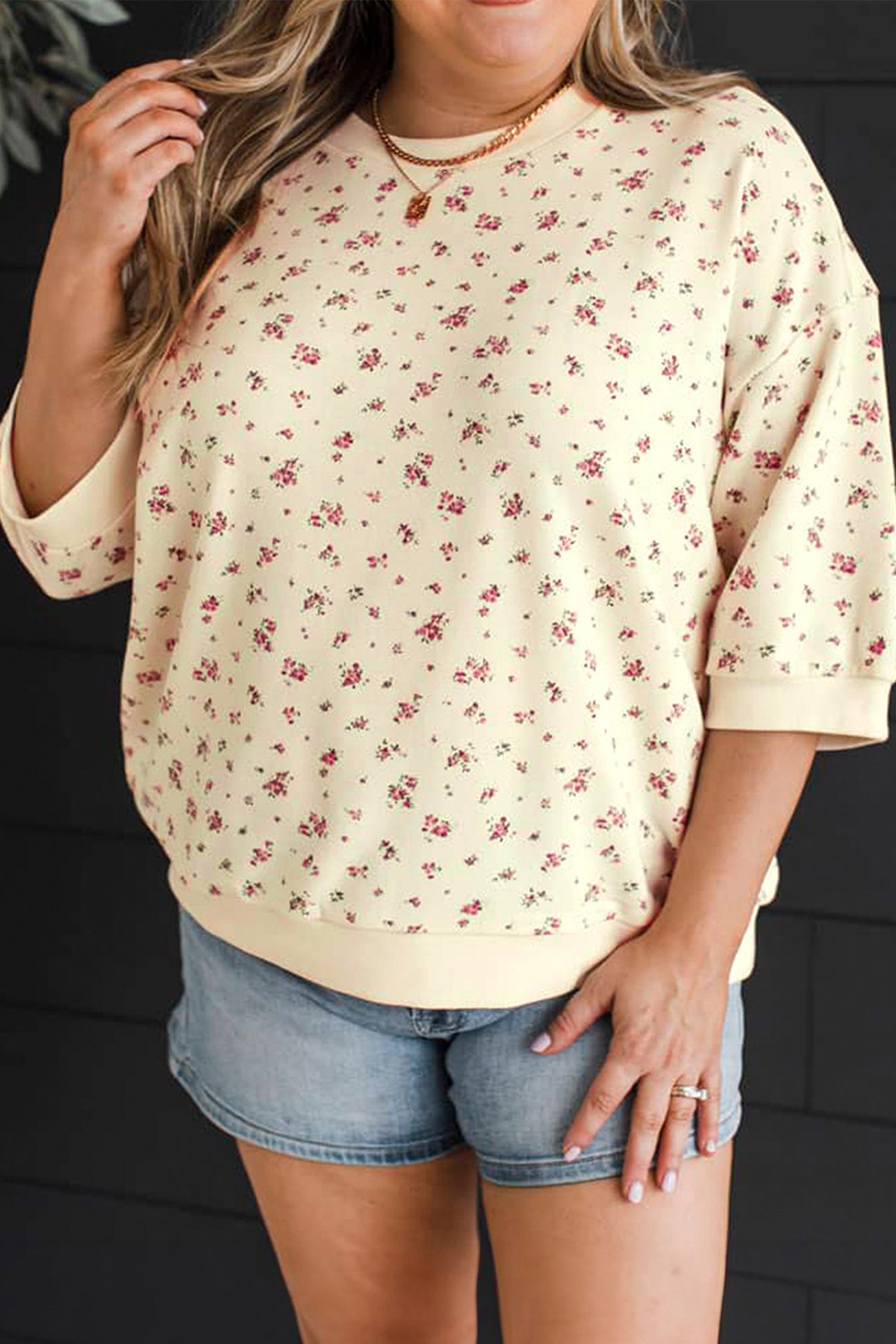 Floral Print Colorblock Cuffs Hem Plus Size Blouse – Beige