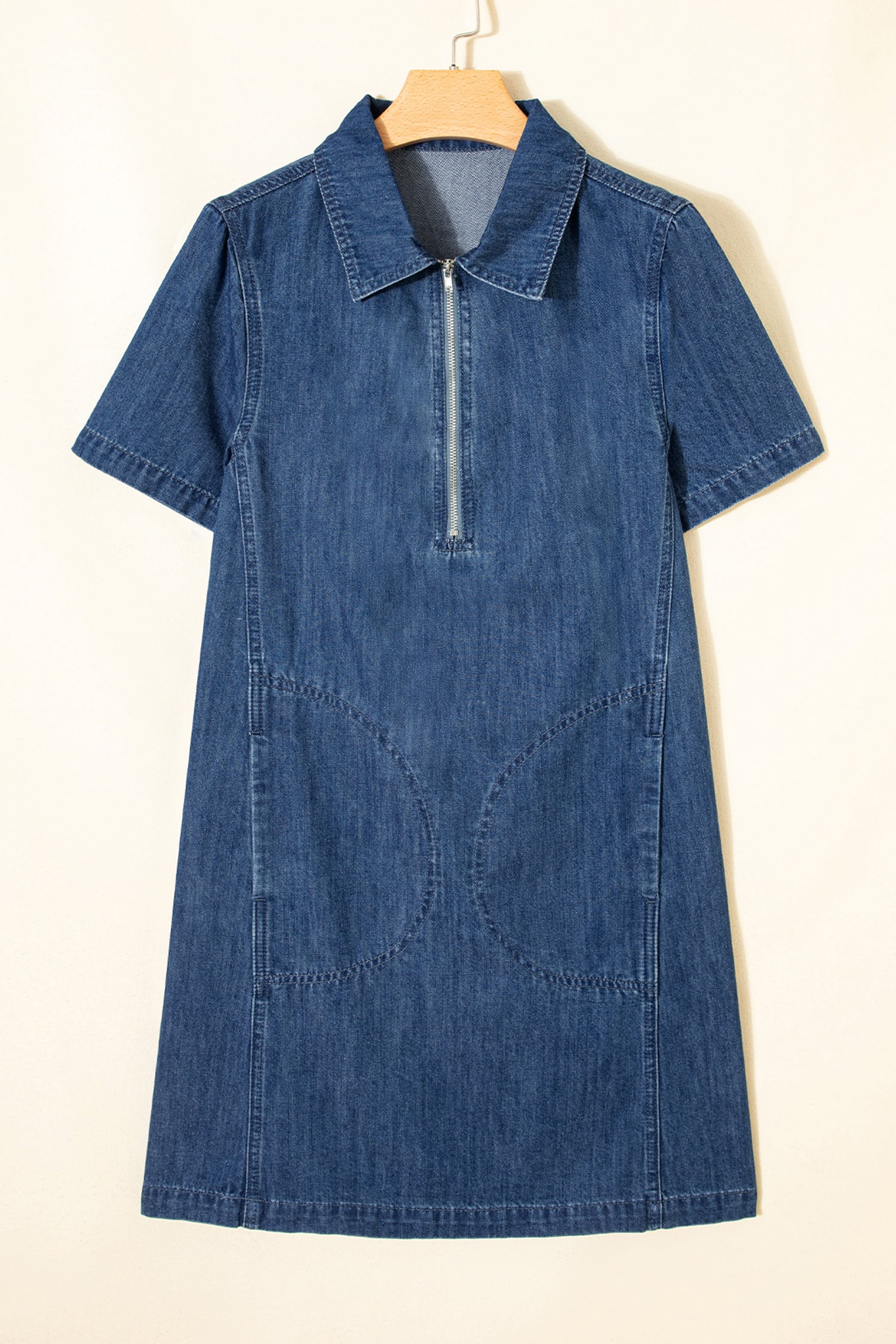 Zip-up Collared Short Sleeve Shift Mini Denim Dress