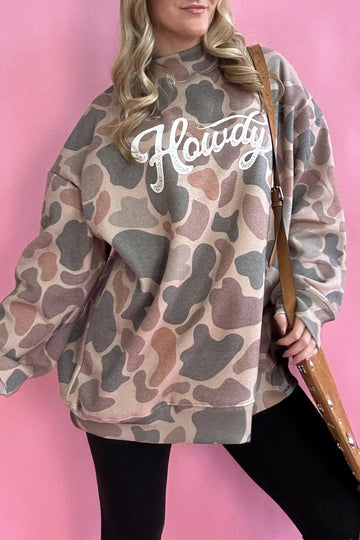 Camo Print Howdy Western Style Baggy Pullover Sweatshirt – Multicolour