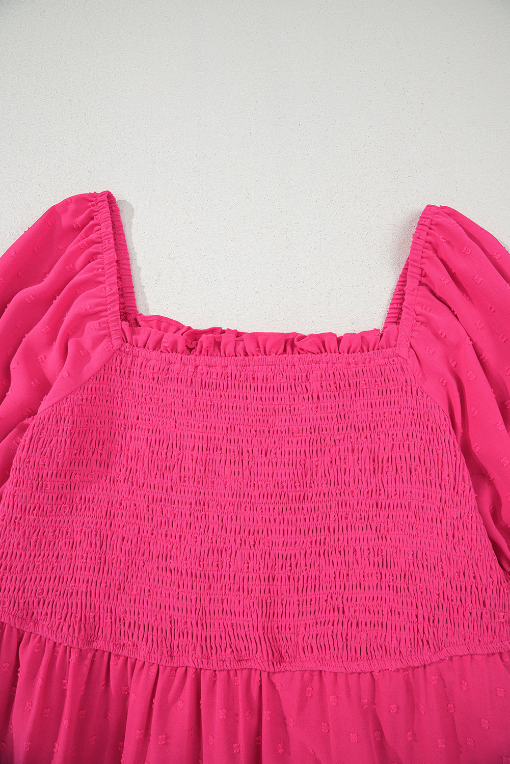 Pink Swiss Dot Smocked Ruflled Neckline Short Sleeve Plus Size Dress BB Fashion Outlet