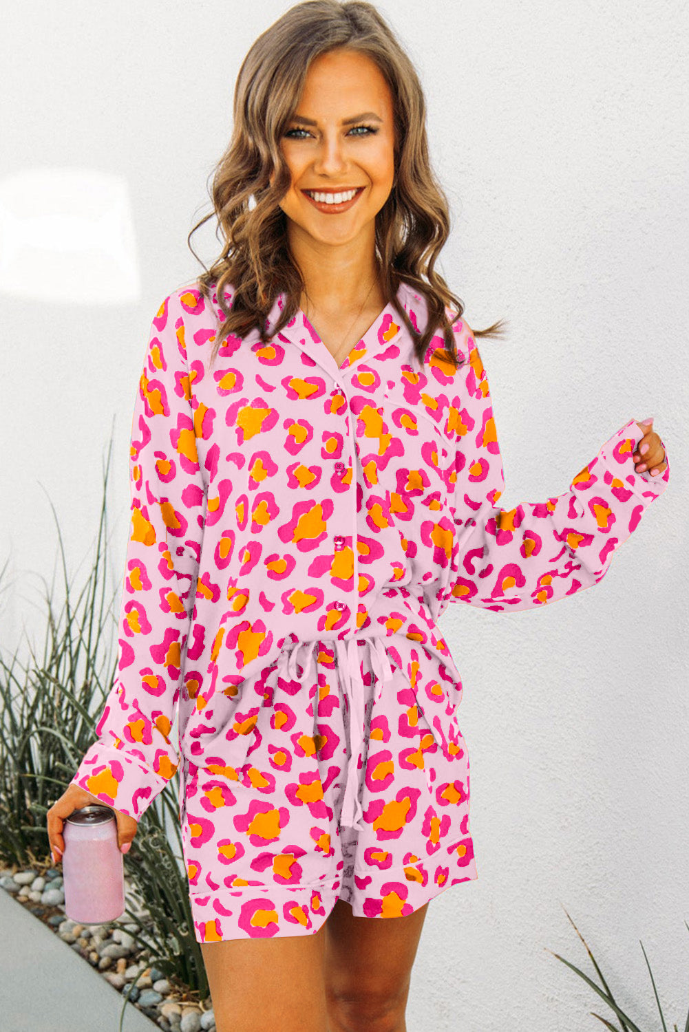 Pink Leopard Print Long Sleeve Shirt and Shorts Pyjamas Set Beagle Boutique Fashion Outlet